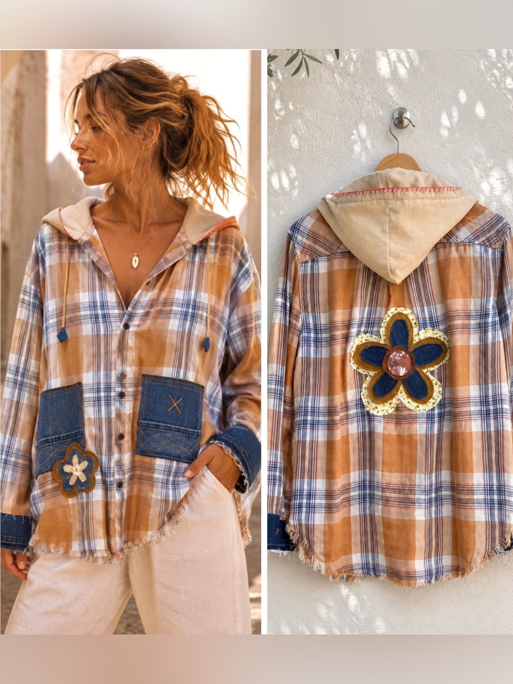 Handmade Upcycled Plaid Hooded Button Down Shirt Bohemian Patchwork Shacket M